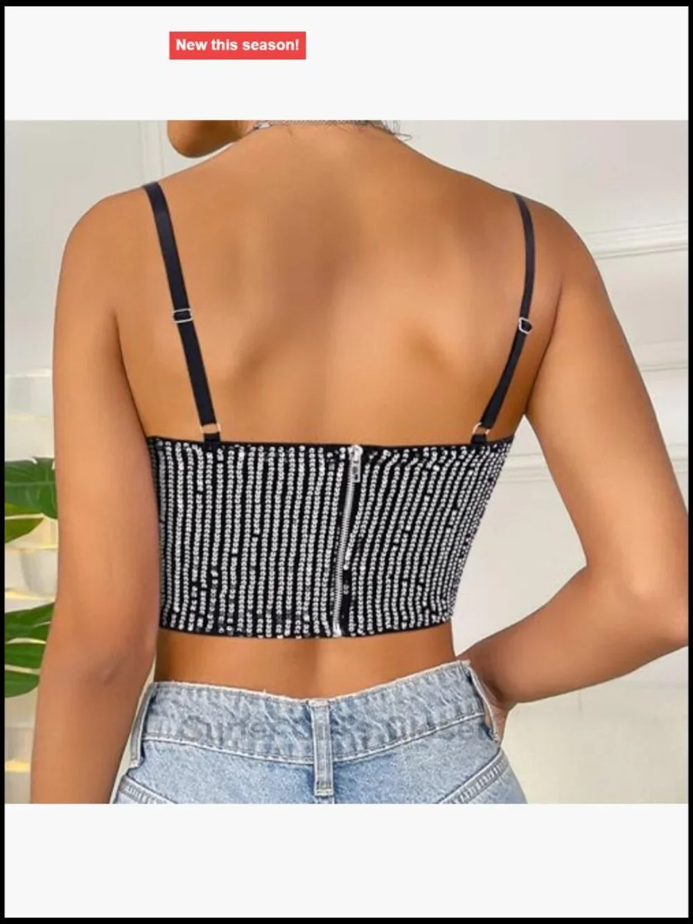 Sequin Crop Top V-Neck Spaghetti Strap Sleeveless Rhinestone Tassel Sparkly